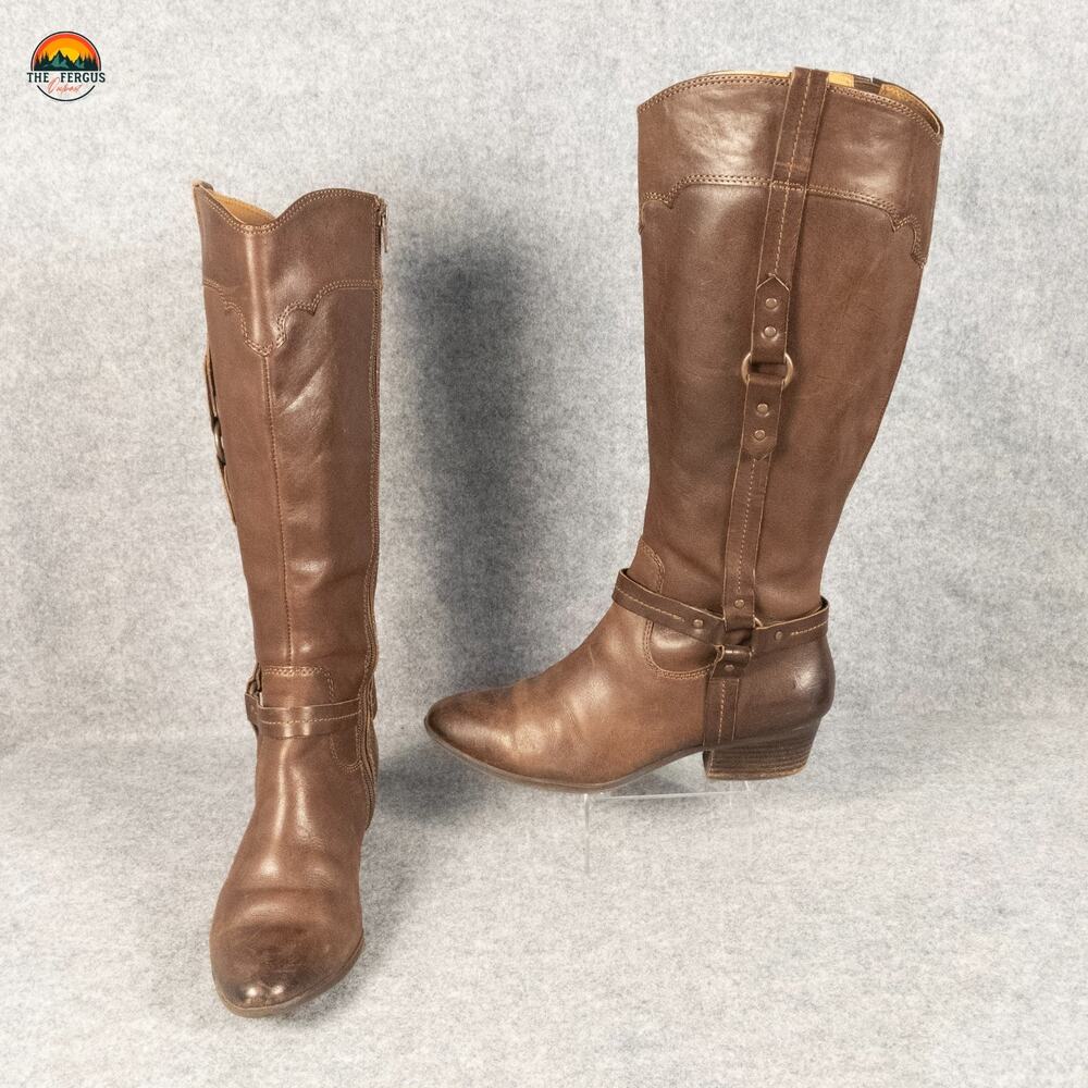 Sofft Riding Boots Brown Leather Knee High Harness Strap Block Heels Women's 8M